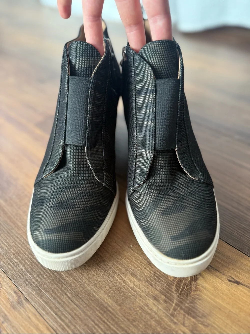 Linea Paolo Green Camo Pattern Wedge Sneaker